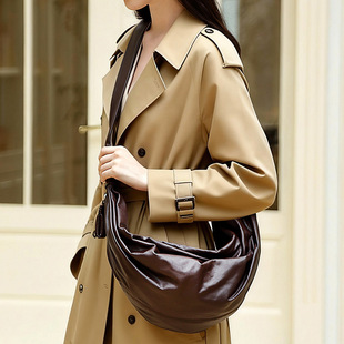 Product Image for 10999 Genuine Leather Large Croissant Horn Bag Pleated Lightweight Design Zipper Closure Large Capacity Dumpling Crossbody - Image 1