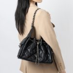 Quilted Genuine Leather Shoulder Underarm Bag Caviar Texture Large Capacity Hobo Bag Bucket Drawstring Chain Crossbody