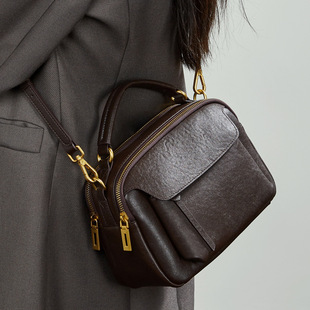 Product Image for 12968 Genuine Leather Fashion Boston Bag Retro Top Layer Crystal Vegetable Tanned Cowhide Handbag Crossbody Trendy Shoulder - Image 1
